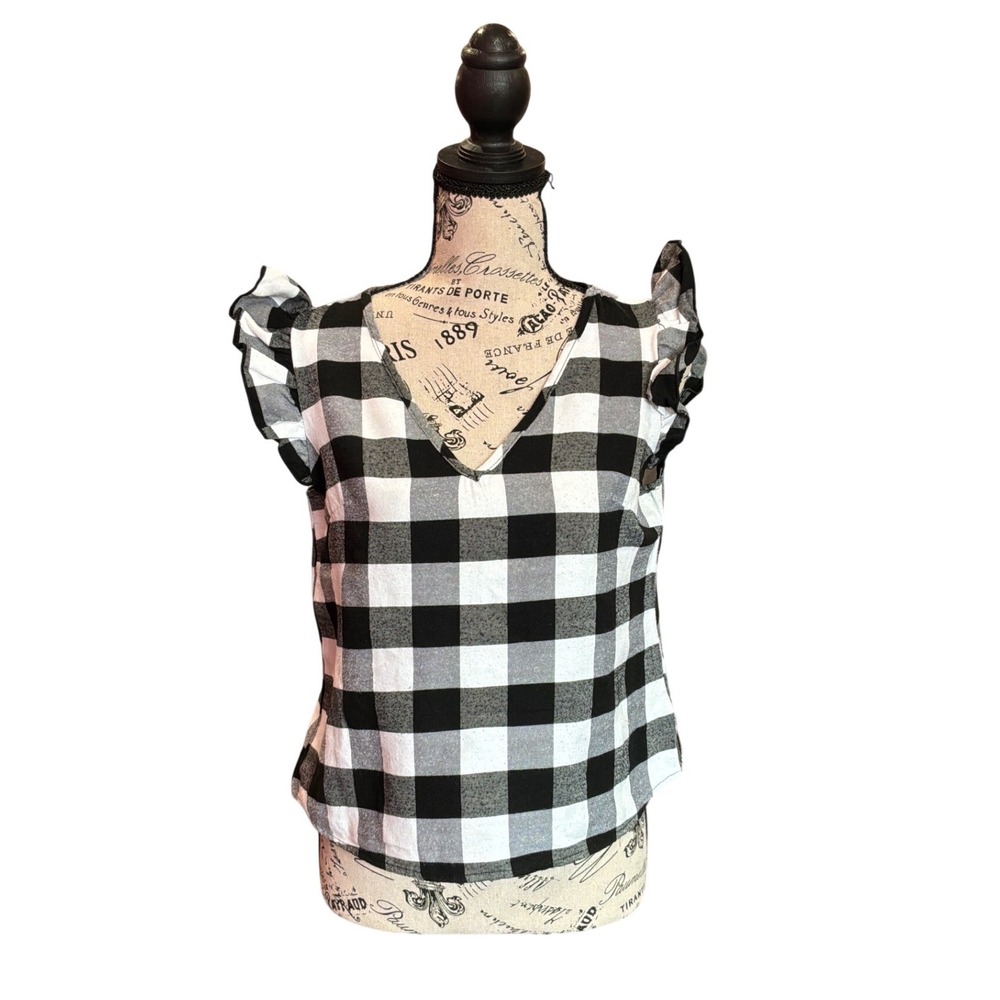 SHEIN Black White Buffalo Plaid Ruffle‎ Sleeve V-Neck Blouse Top M